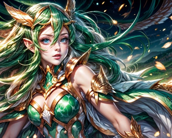 Fantasy Character with Green Hair and Intricate Armor