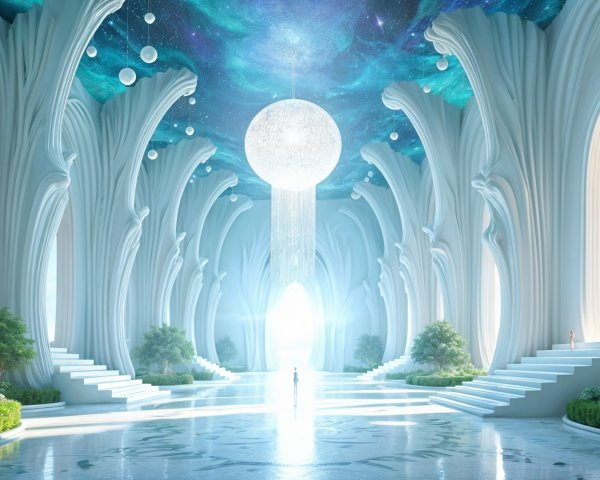 Ethereal hall with white columns and cosmic ceiling
