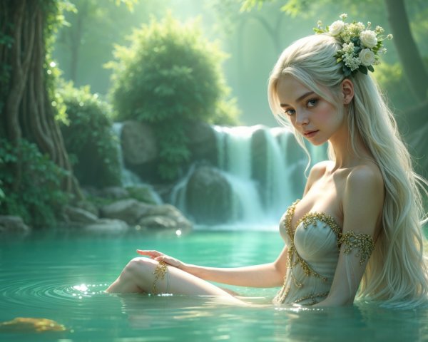 Young woman in gown sitting by forest pool