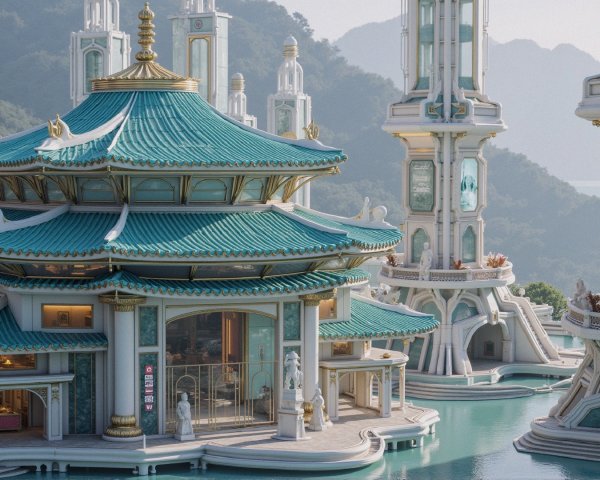 Opulent architectural marvel with turquoise-roofed pavilion