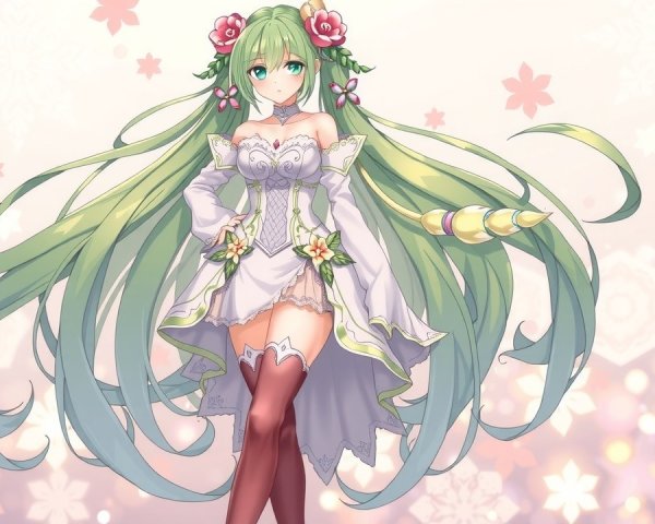 Fantastical character with green hair and floral dress