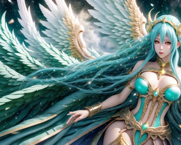 Majestic figure with turquoise hair and ethereal wings