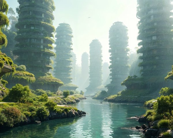 Futuristic Landscape with Green Buildings and River