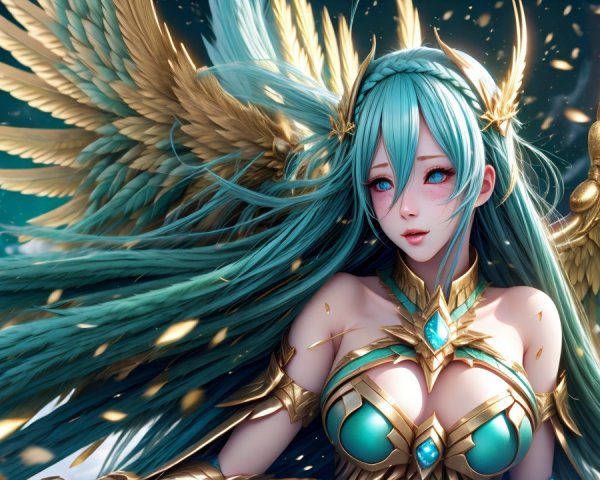 Fantasy Character with Turquoise Hair and Golden Armor