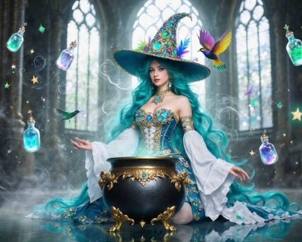 Sorceress with Teal Hair by a Bubbling Cauldron