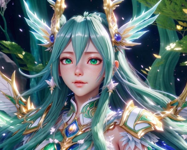 Fantastical character with emerald hair and armor