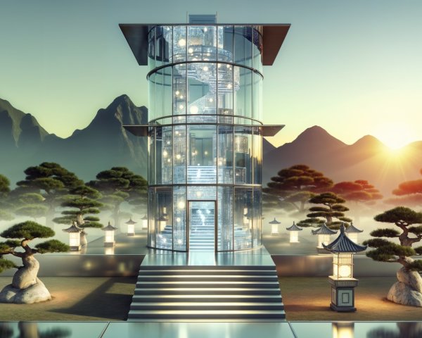 Modern Glass Tower Amidst Lush Greenery and Mountains