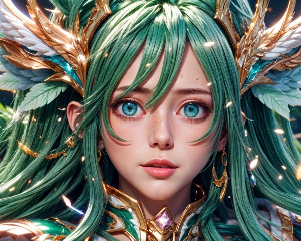 Fantastical character with green hair and glowing aura