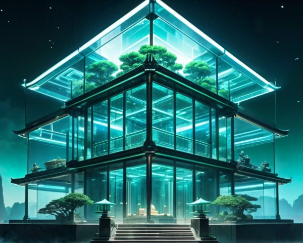 Futuristic Glass Structure in Serene Mountain Setting