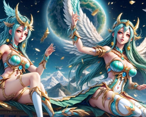 Winged Beings with Teal Hair Against Celestial Background