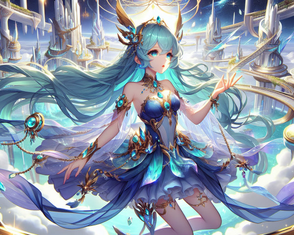 Celestial Figure in Turquoise Amid Ethereal Landscape