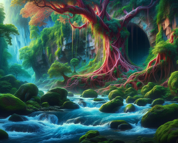 Enchanted Forest with Majestic Tree and River Scene