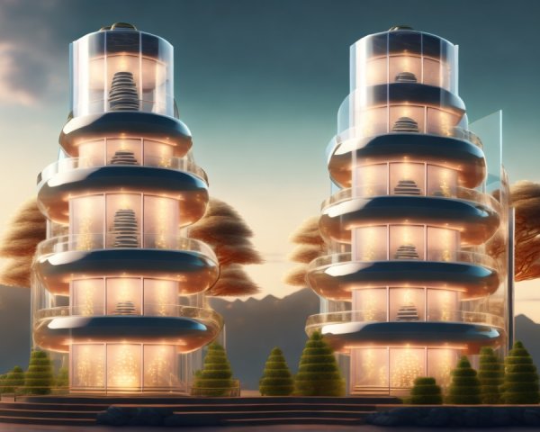Futuristic Buildings with Spiral Design and Glass Facade