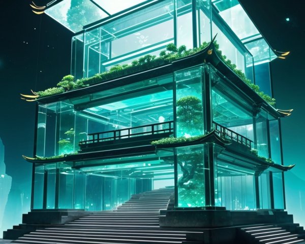 Futuristic Glass Structure in Serene Landscape