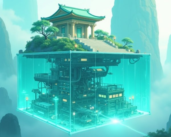 Futuristic Structure on Mountainous Island with Pagoda Roof