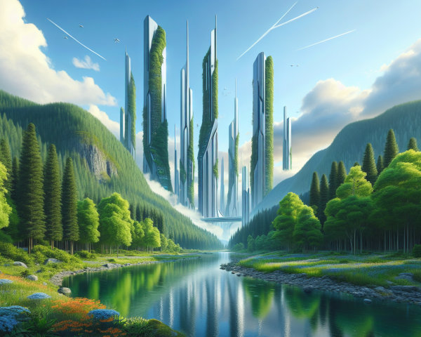 Serene Landscape with River, Mountains, and Skyscrapers