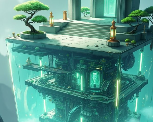 Surreal Floating Structure in a Misty Landscape