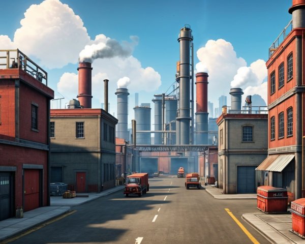Industrial District with Red-Brick Buildings and Smokestacks