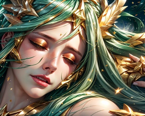 Fantasy Character with Green Hair and Star Decorations