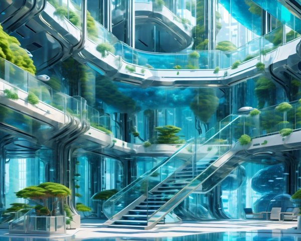 Futuristic Indoor Space with Glass Walls and Greenery