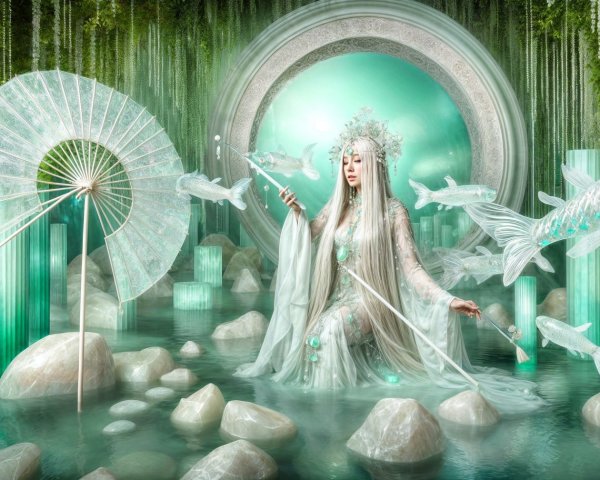 Serene figure in exquisite attire in ethereal landscape