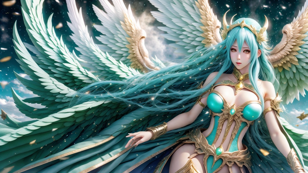 Majestic figure with turquoise hair and ethereal wings
