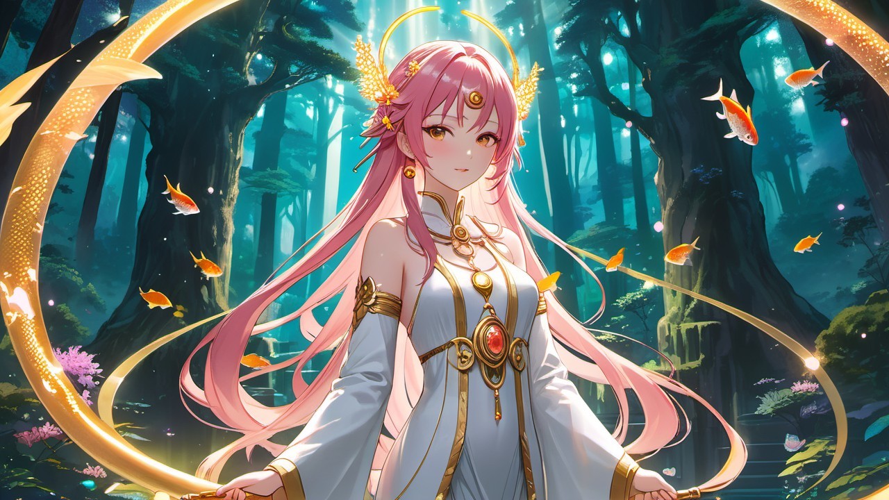 Serene figure in enchanted forest with goldfish and light
