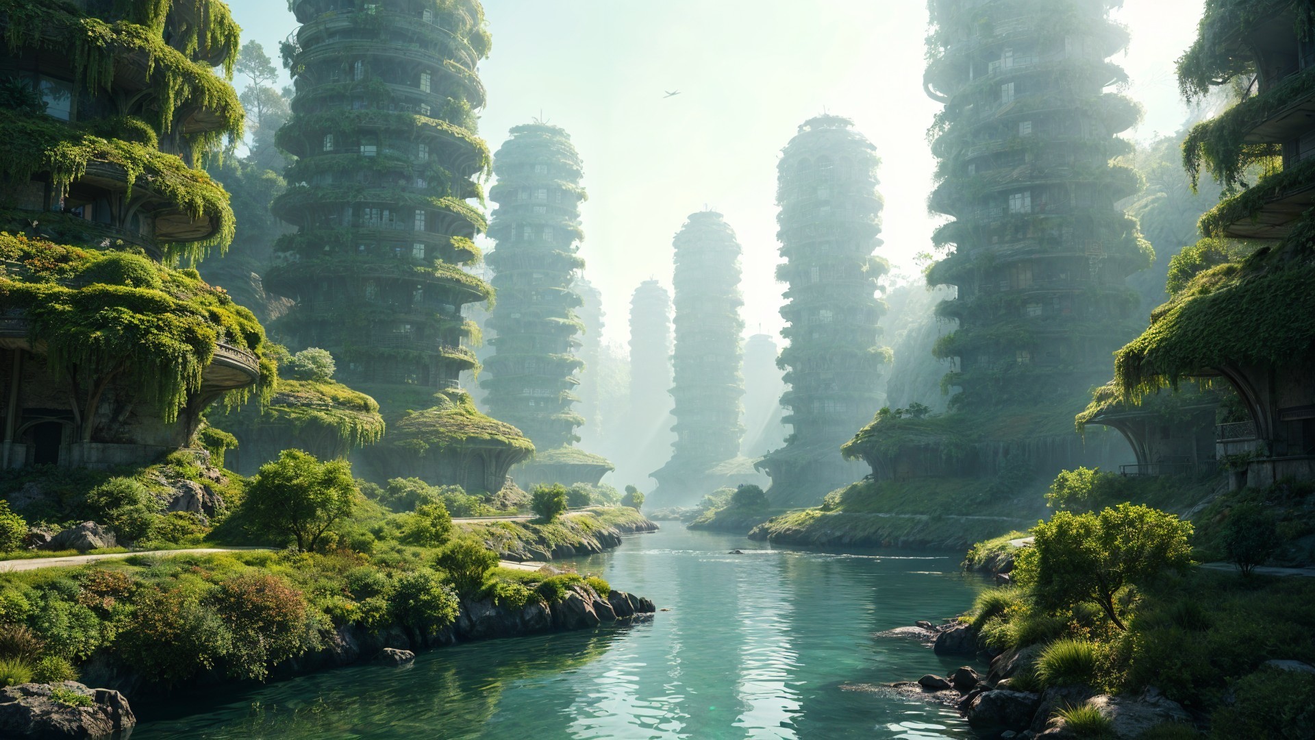 Futuristic Landscape with Green Buildings and River