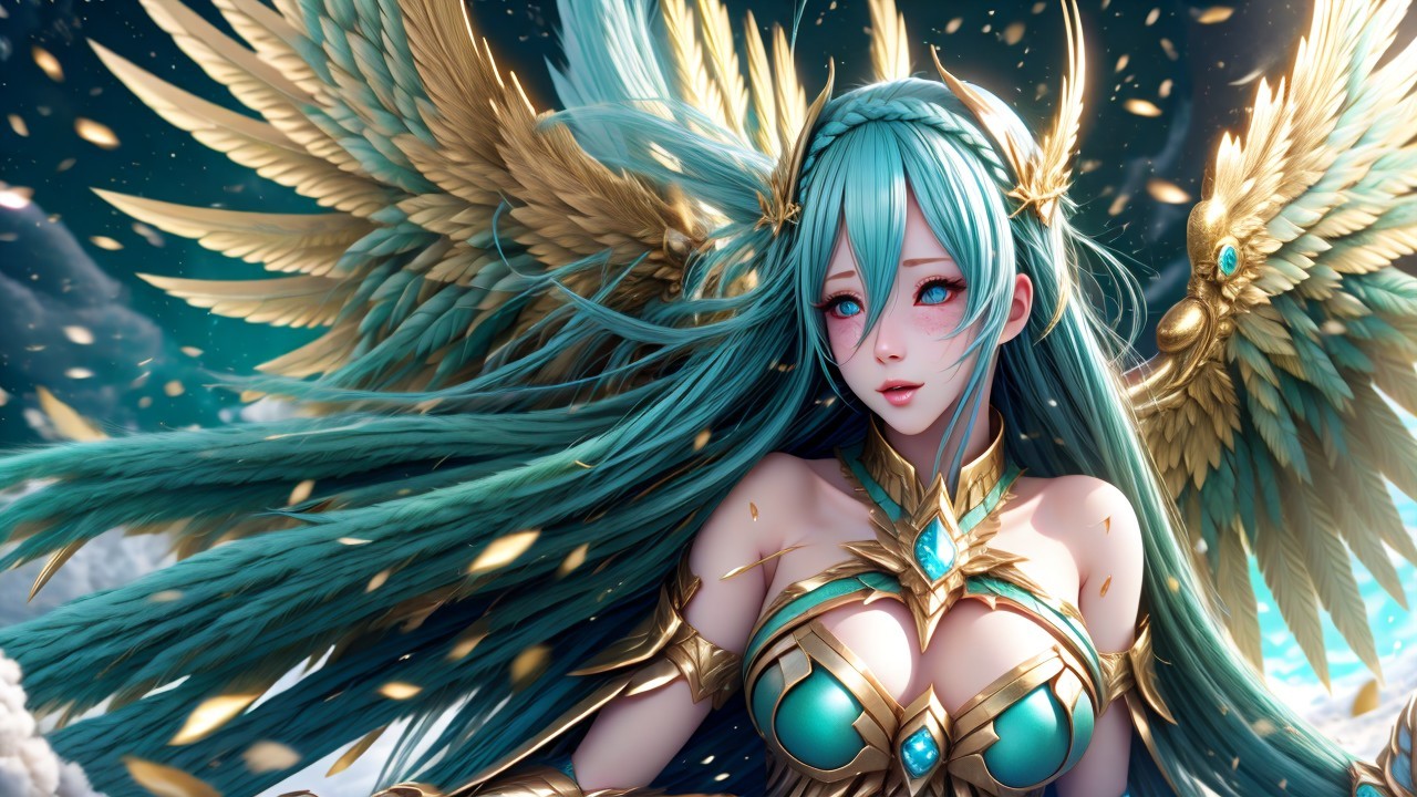 Fantasy Character with Turquoise Hair and Golden Armor