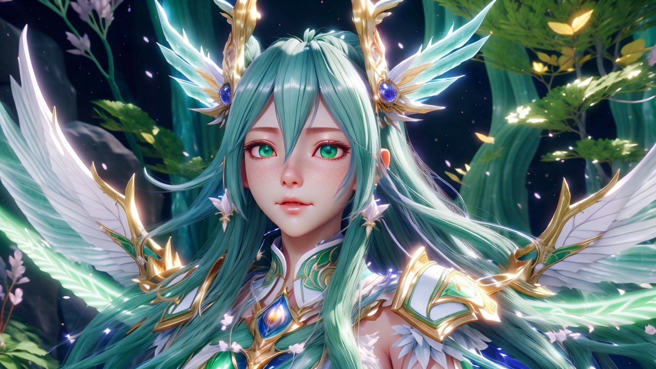 Fantastical character with emerald hair and armor