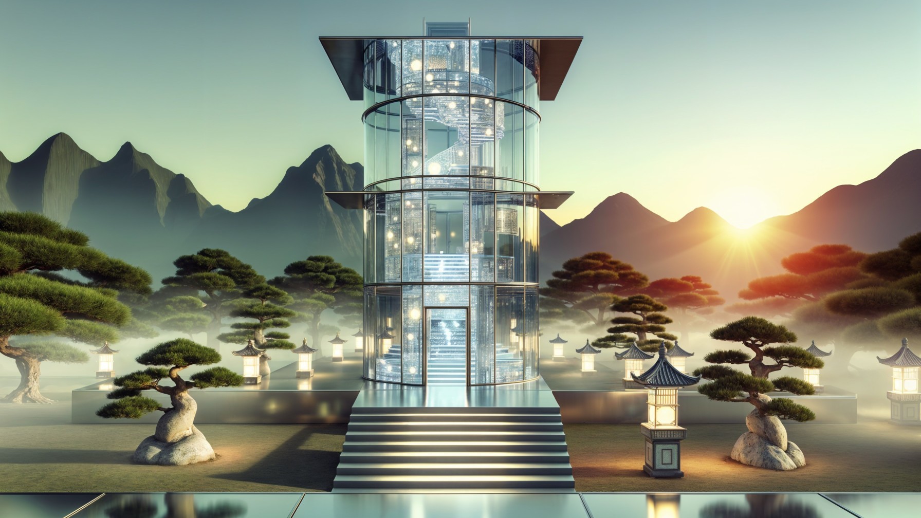 Modern Glass Tower Amidst Lush Greenery and Mountains