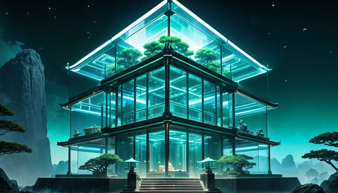 Futuristic Glass Structure in Serene Mountain Setting