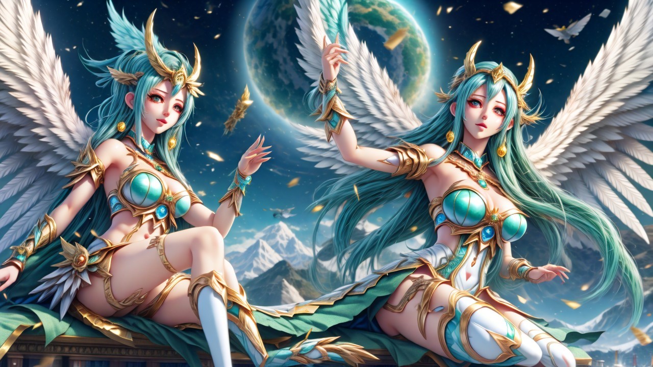 Winged Beings with Teal Hair Against Celestial Background