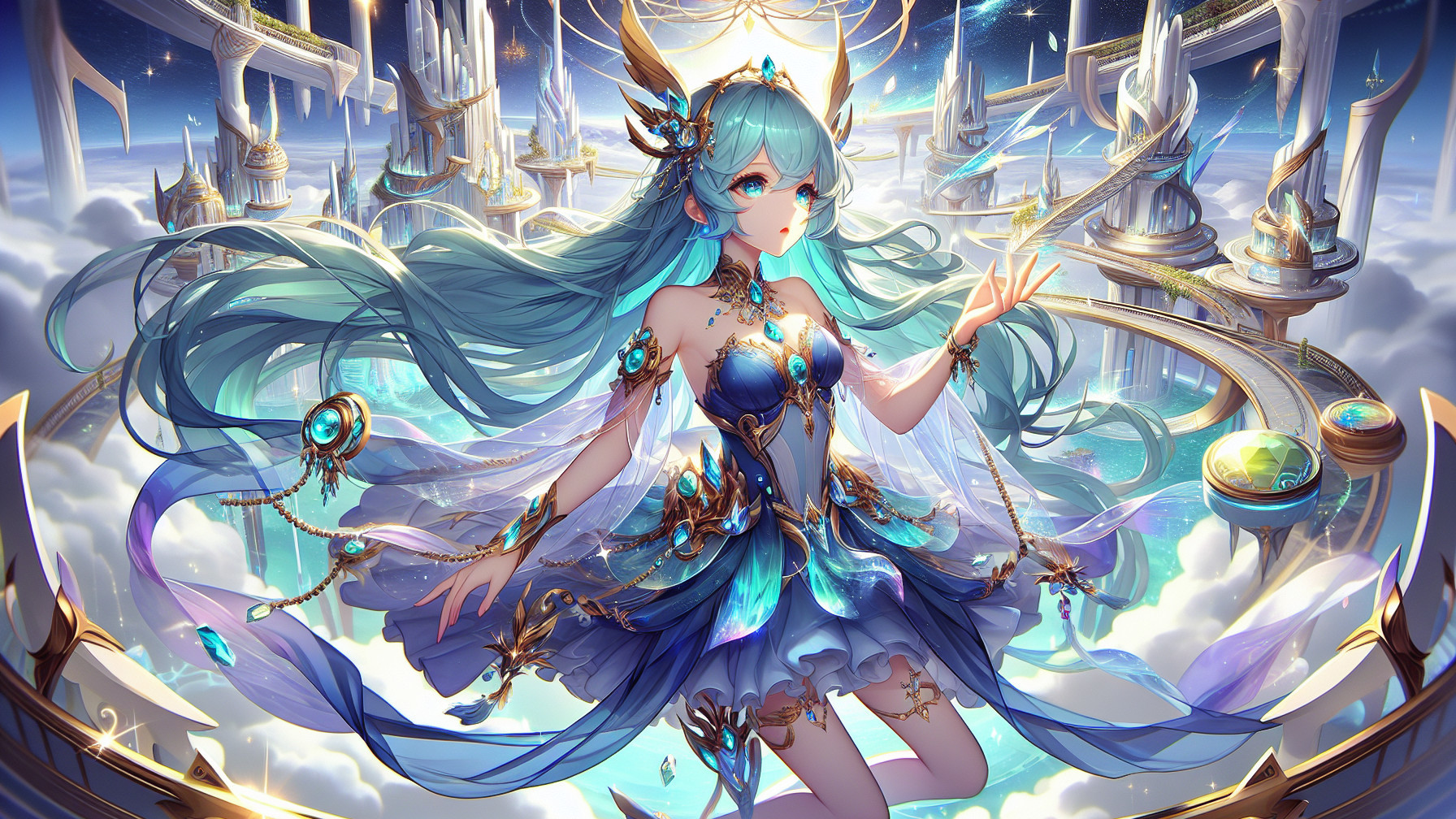 Celestial Figure in Turquoise Amid Ethereal Landscape
