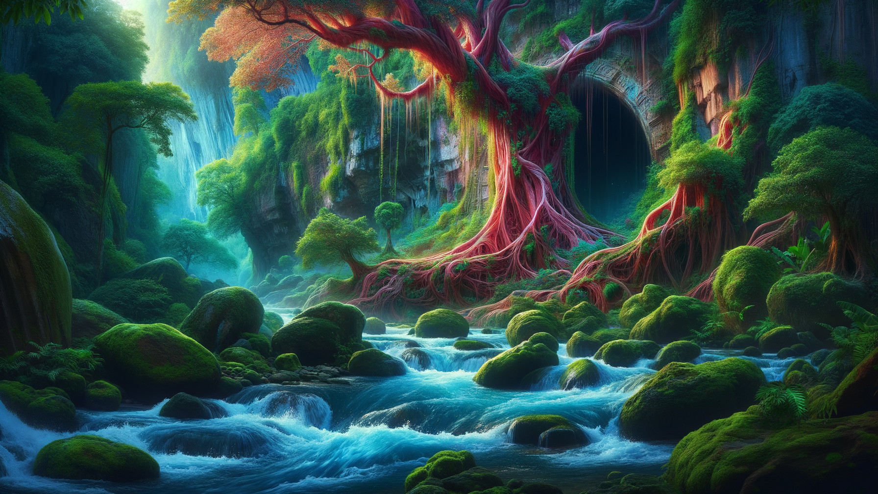 Enchanted Forest with Majestic Tree and River Scene