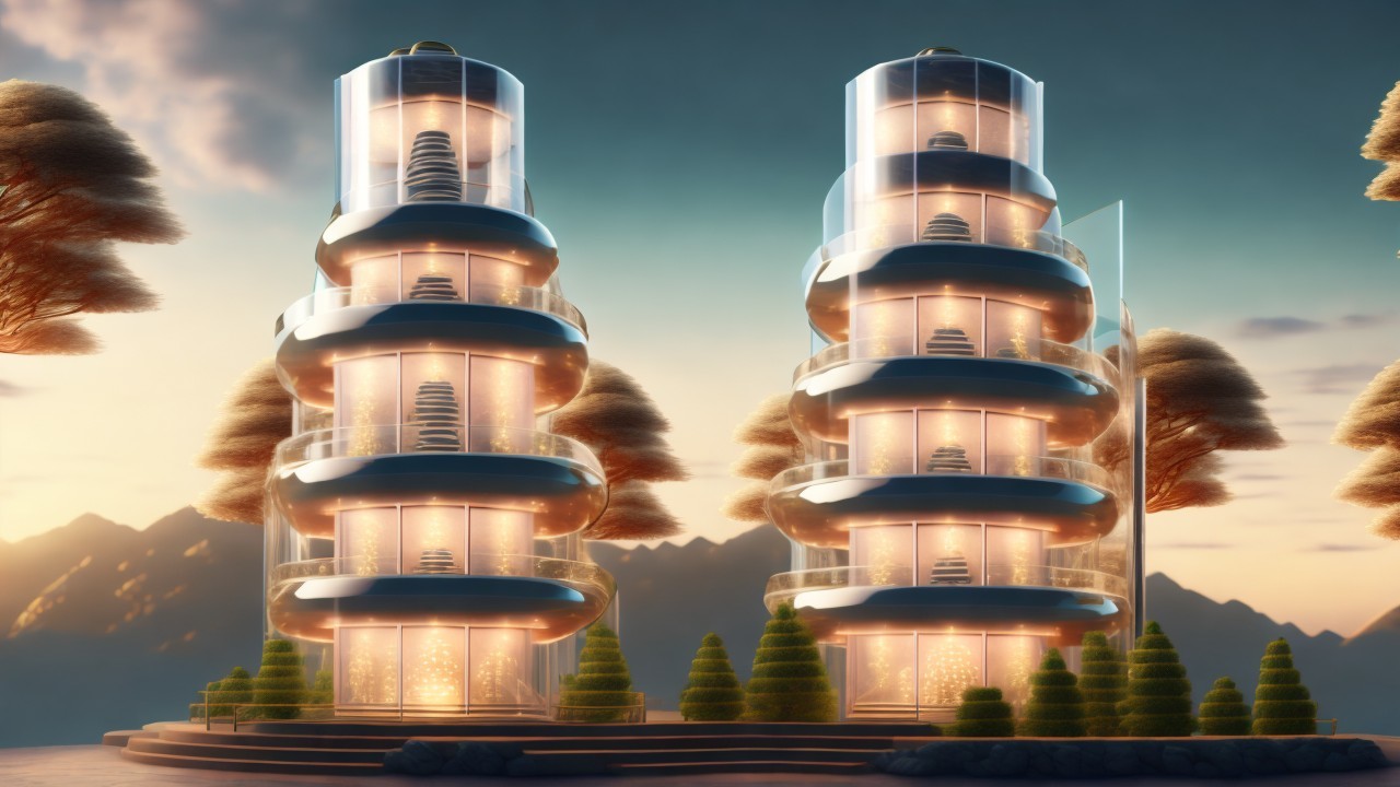 Futuristic Buildings with Spiral Design and Glass Facade