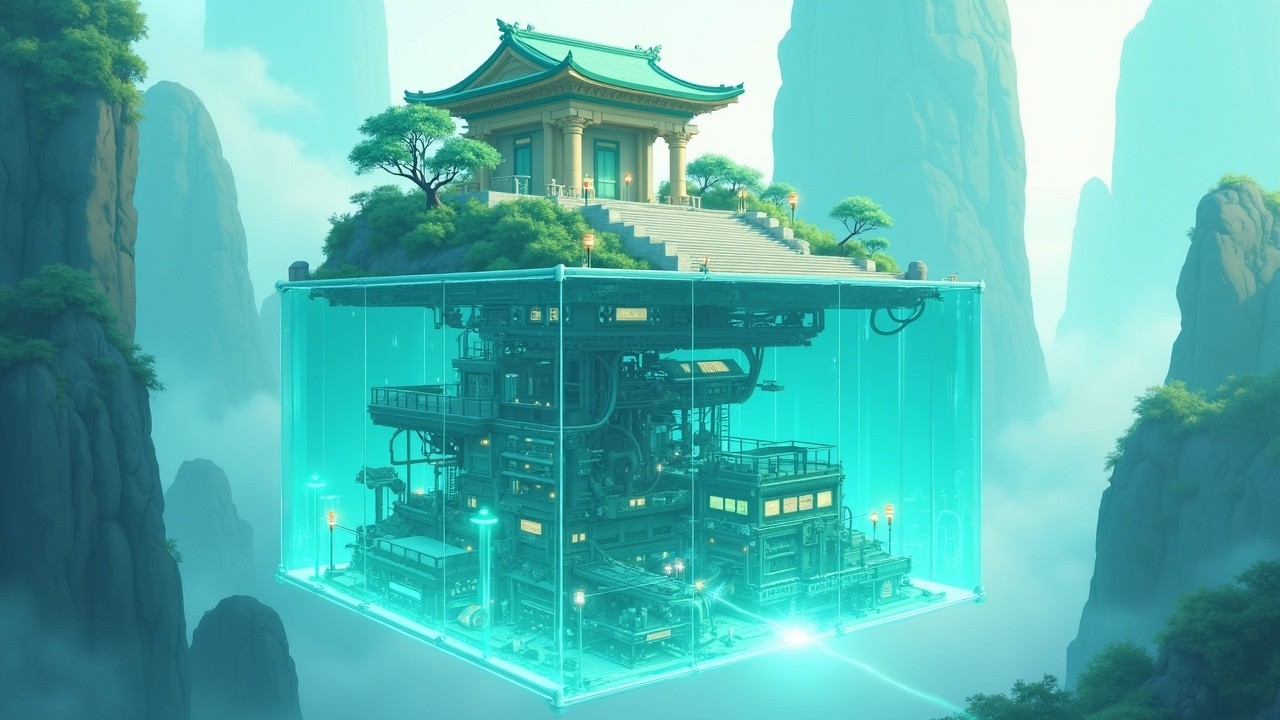 Futuristic Structure on Mountainous Island with Pagoda Roof
