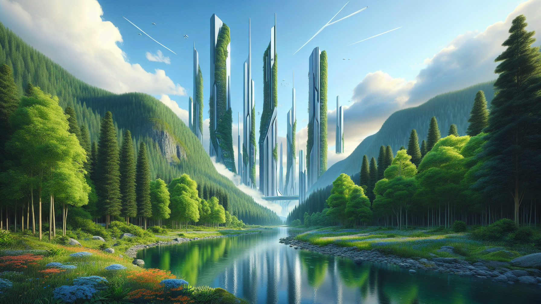 Serene Landscape with River, Mountains, and Skyscrapers