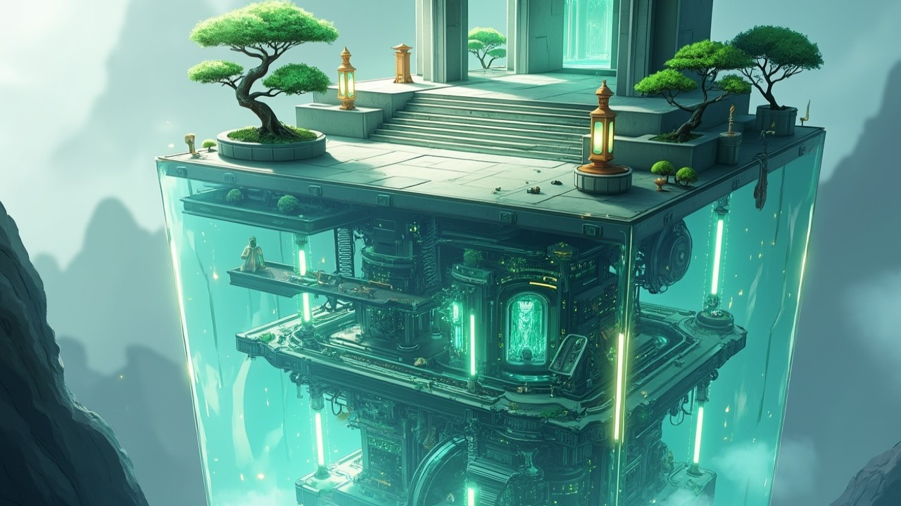 Surreal Floating Structure in a Misty Landscape
