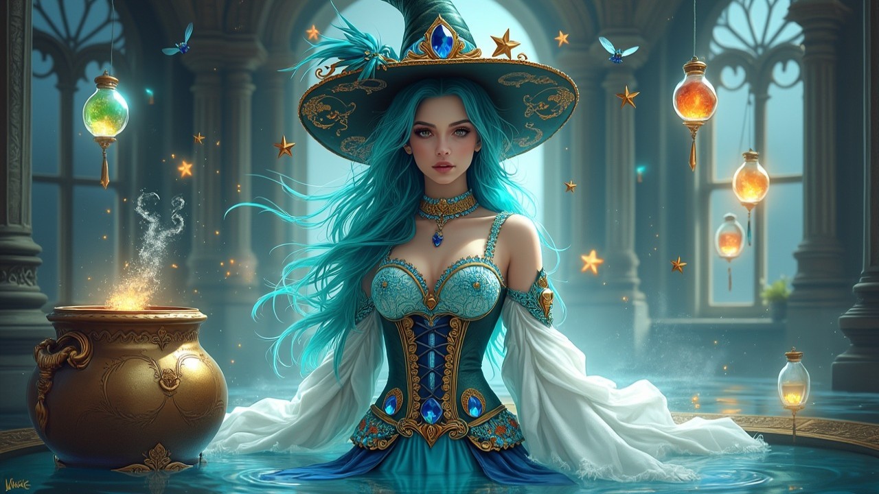 Sorceress in Turquoise Hair Surrounded by Magic