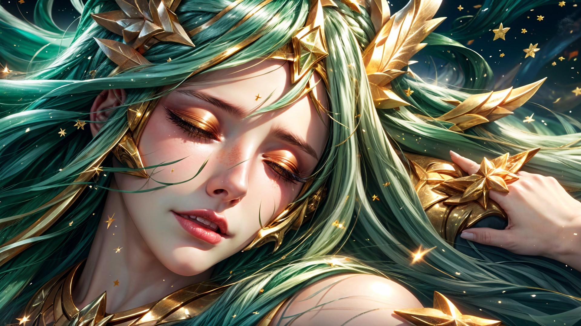 Fantasy Character with Green Hair and Star Decorations