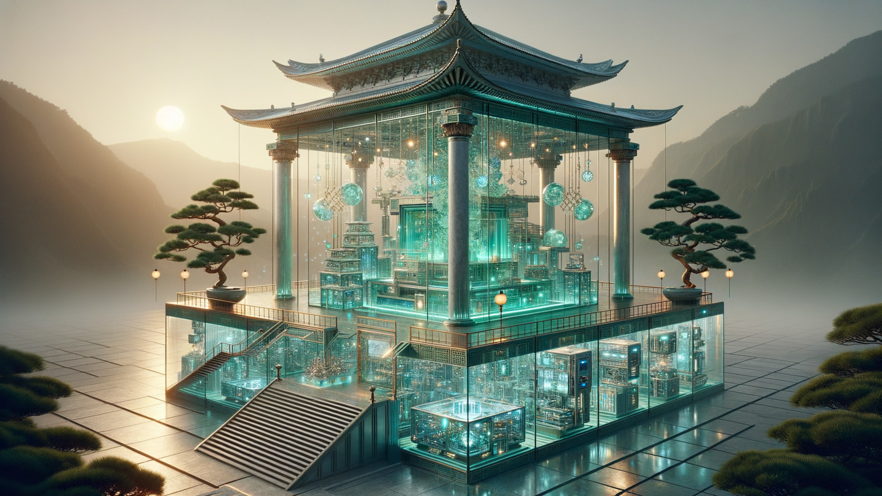 Futuristic pavilion with glowing glass in serene landscape