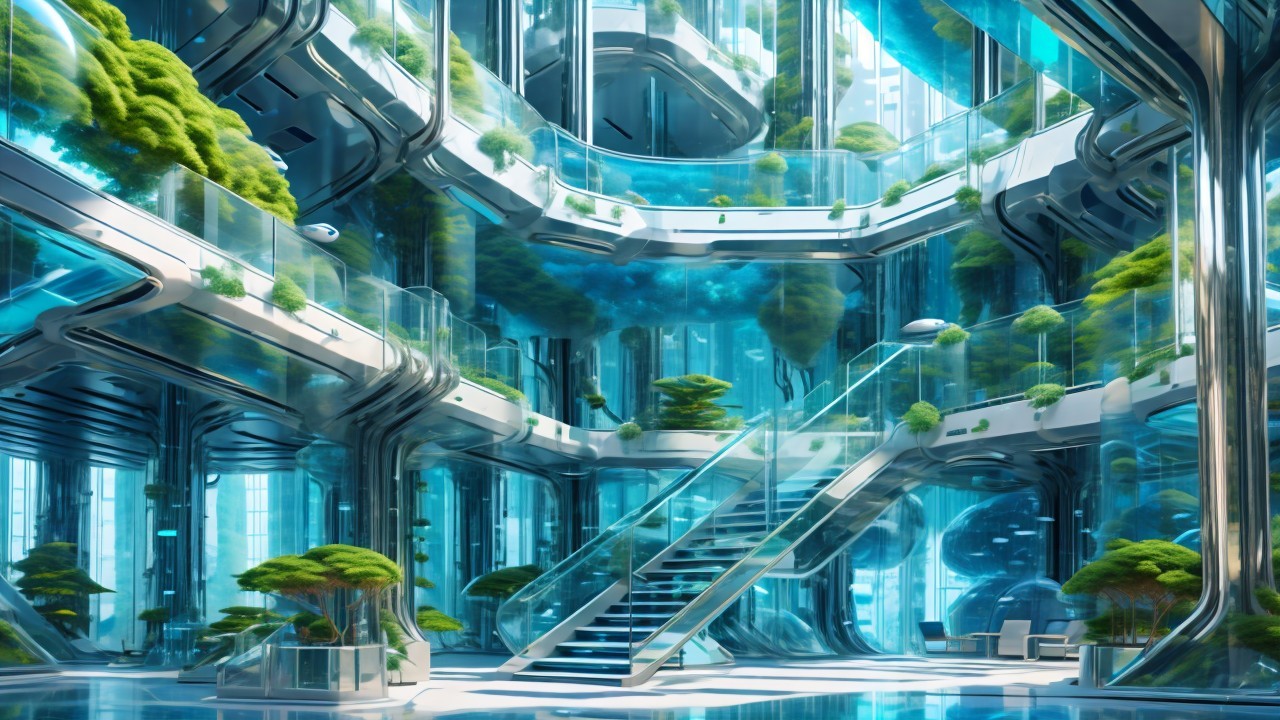 Futuristic Indoor Space with Glass Walls and Greenery