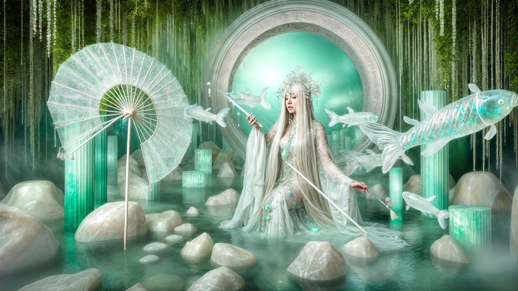 Serene figure in exquisite attire in ethereal landscape