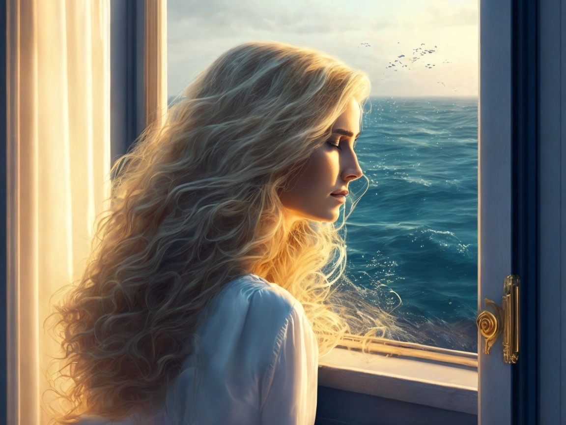 Woman gazing out a sunlit window at the ocean