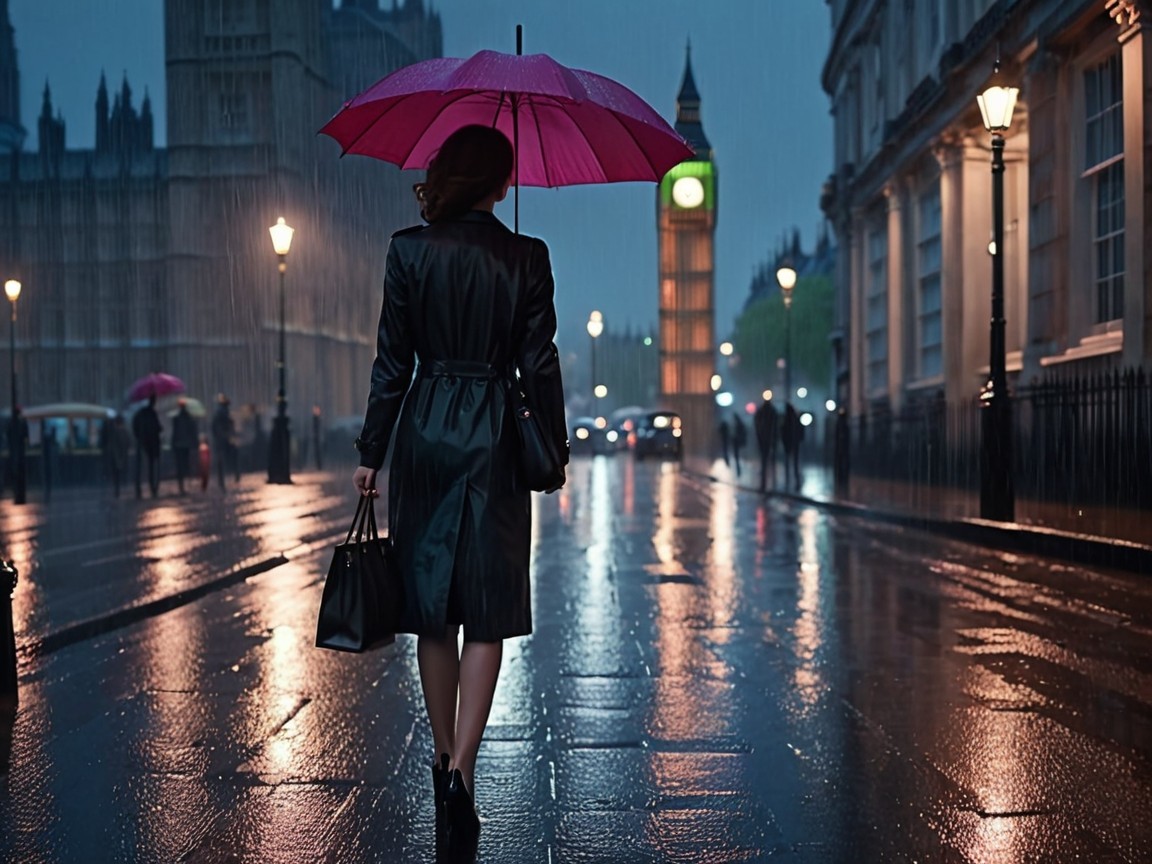 Woman in Black Raincoat with Pink Umbrella on Street