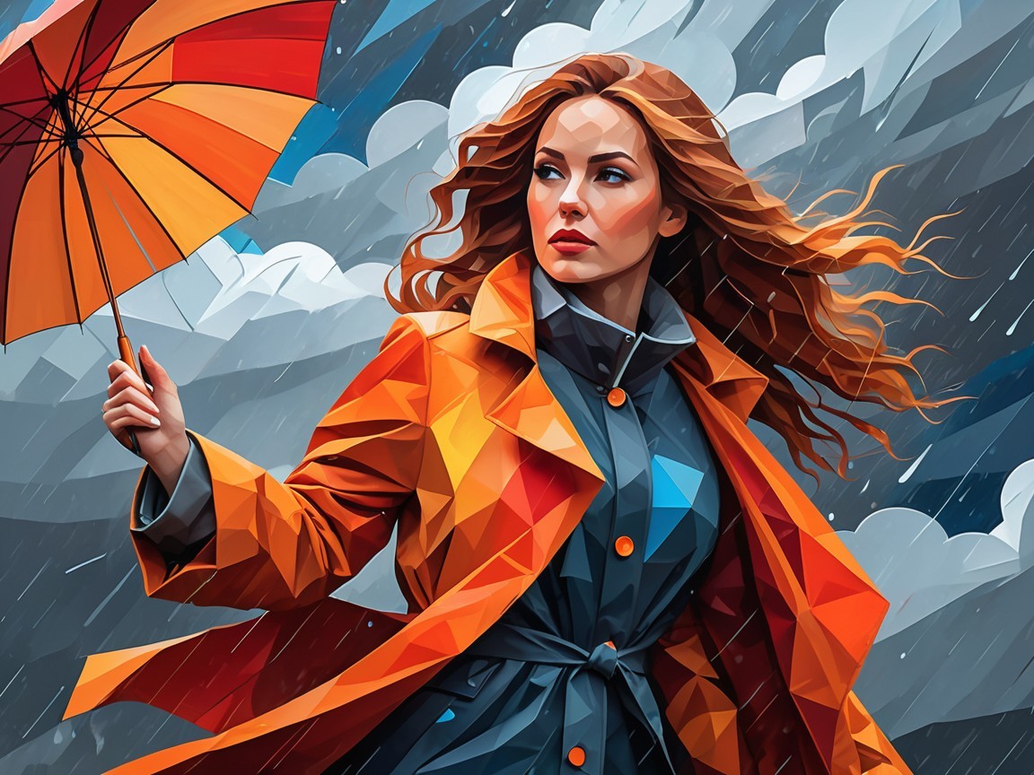 Woman in Orange Raincoat with Umbrella in Stormy Weather