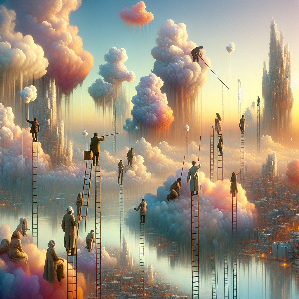 Dreamlike Landscape with Ladders and Colorful Clouds