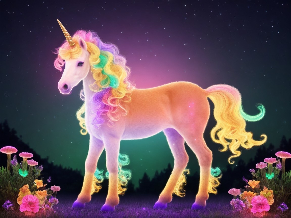 Whimsical Unicorn in a Vibrant Night Landscape