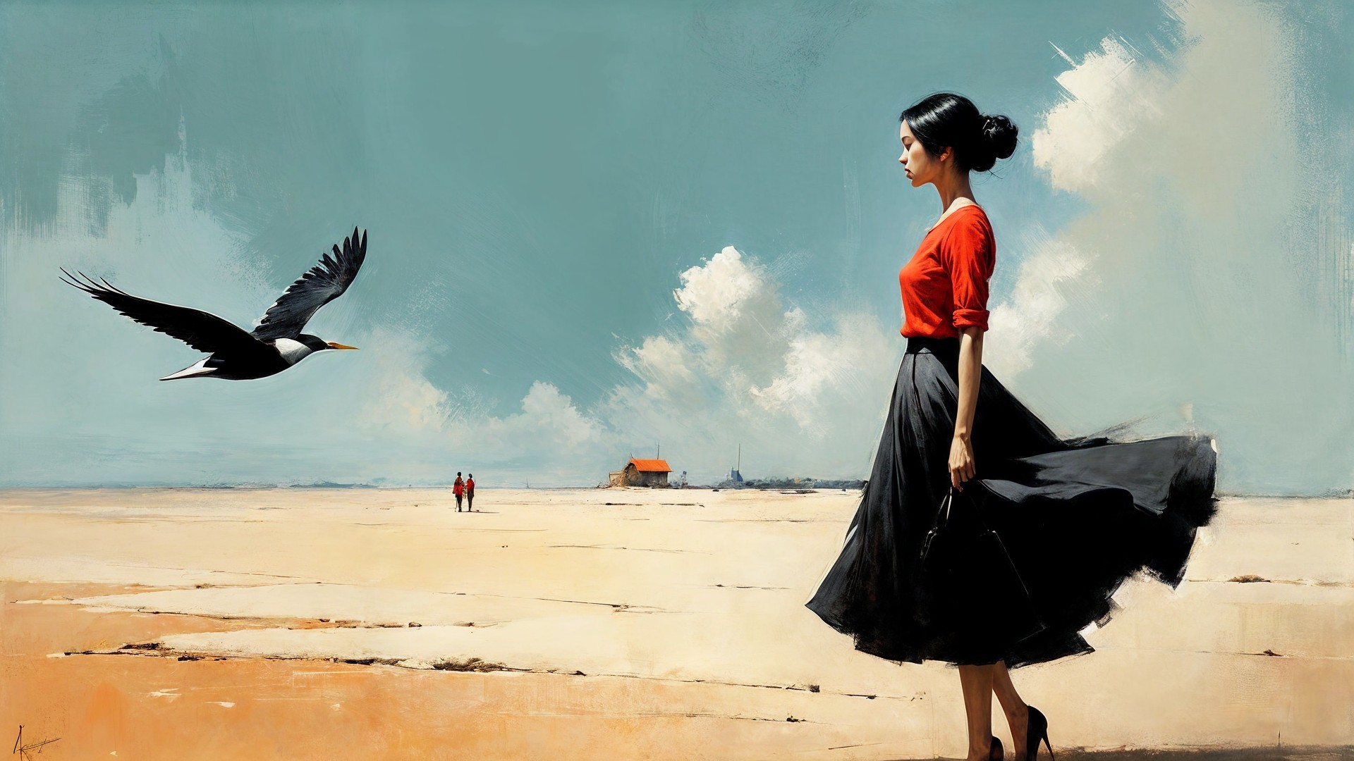 Serene Seascape with Woman and Coastal Landscape